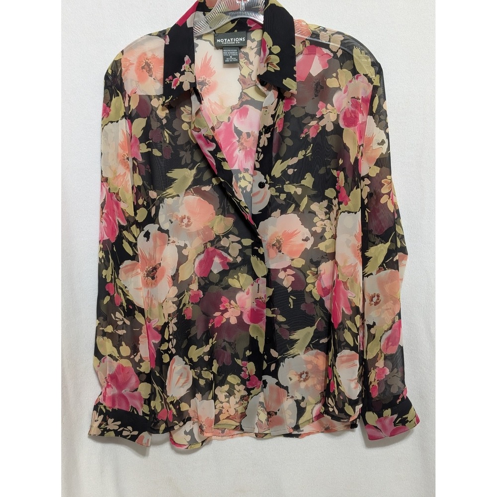 Notations Floral Sheer Mesh Button Up Blouse Black Pink Peach Long Sleeve M